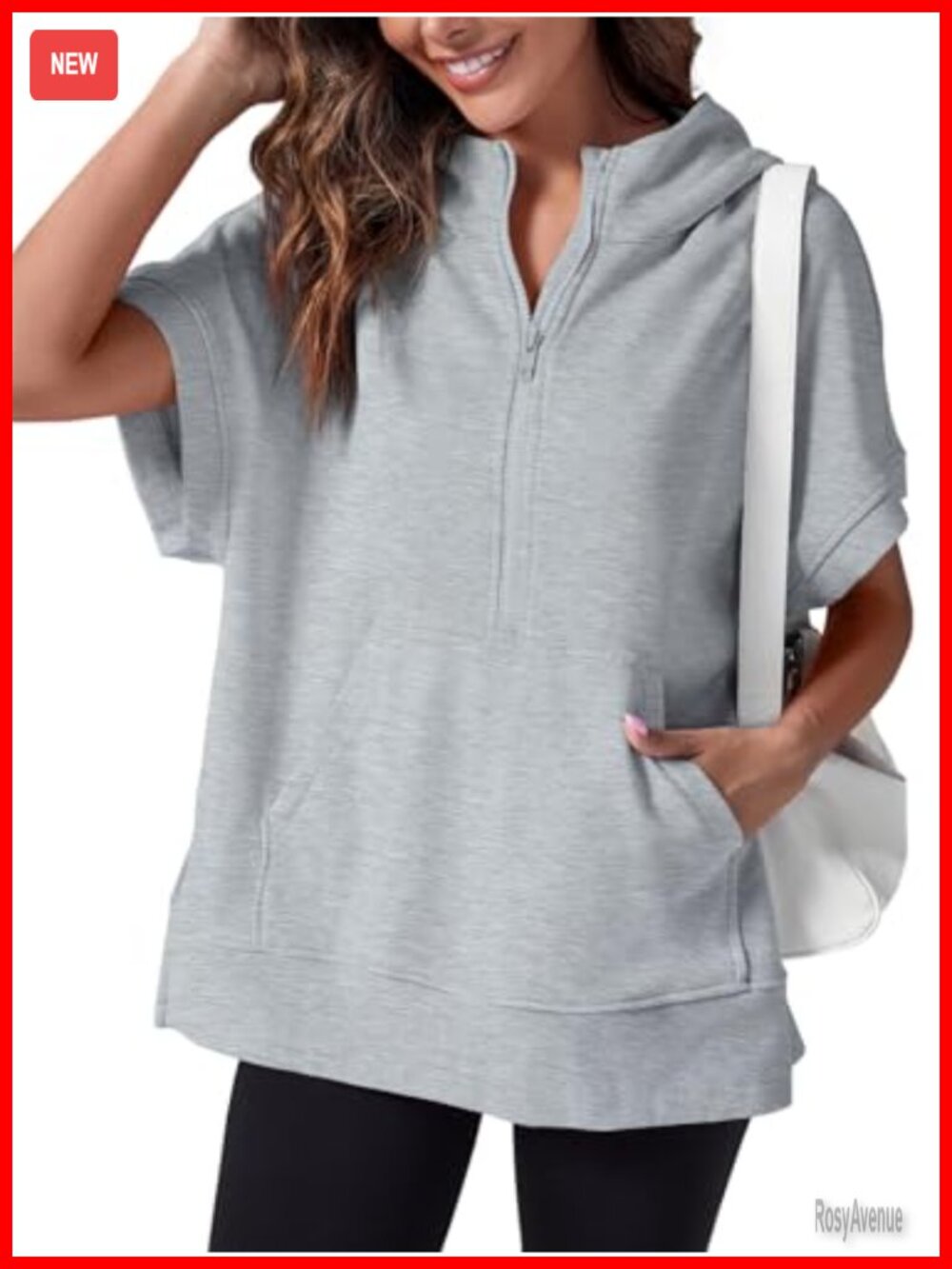 Oversized Half Zip Hoodie Short Sleeve Sweatshirt Pullover with Pockets